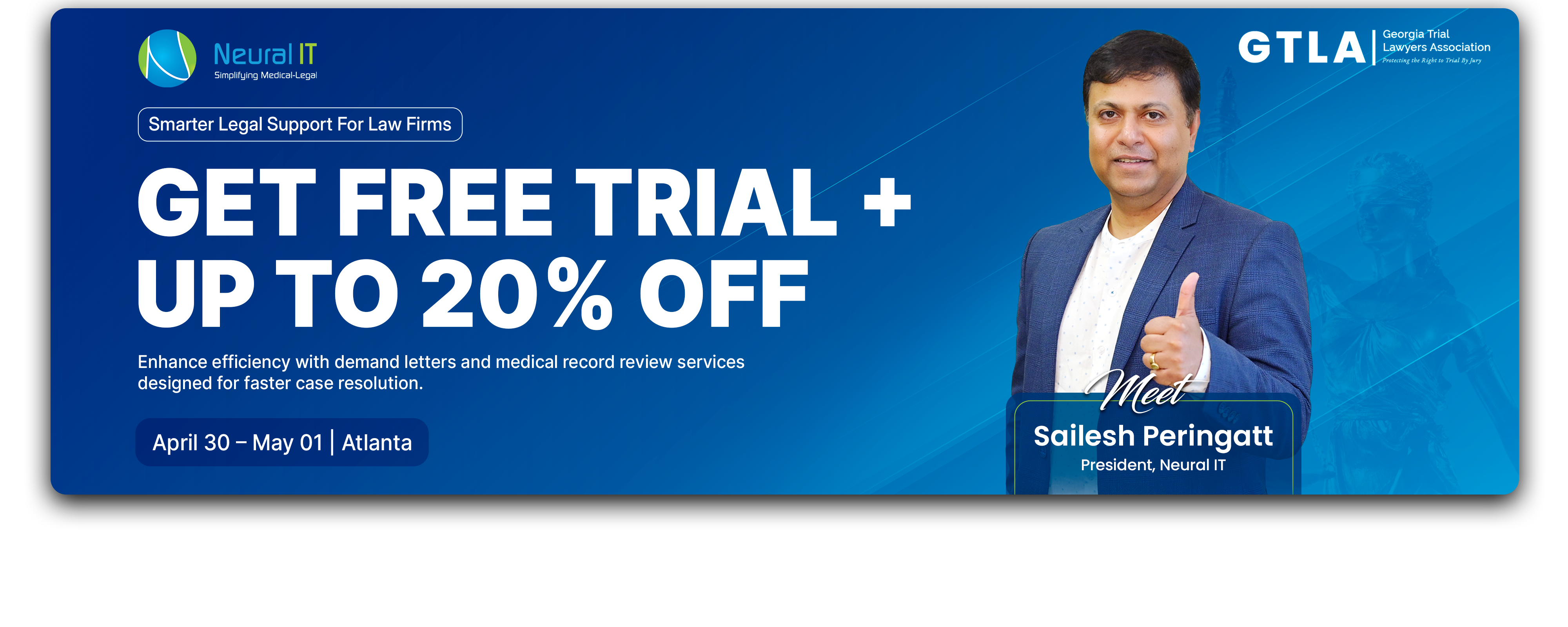 Free trial and 20% discount offer for legal support services by Neural IT.