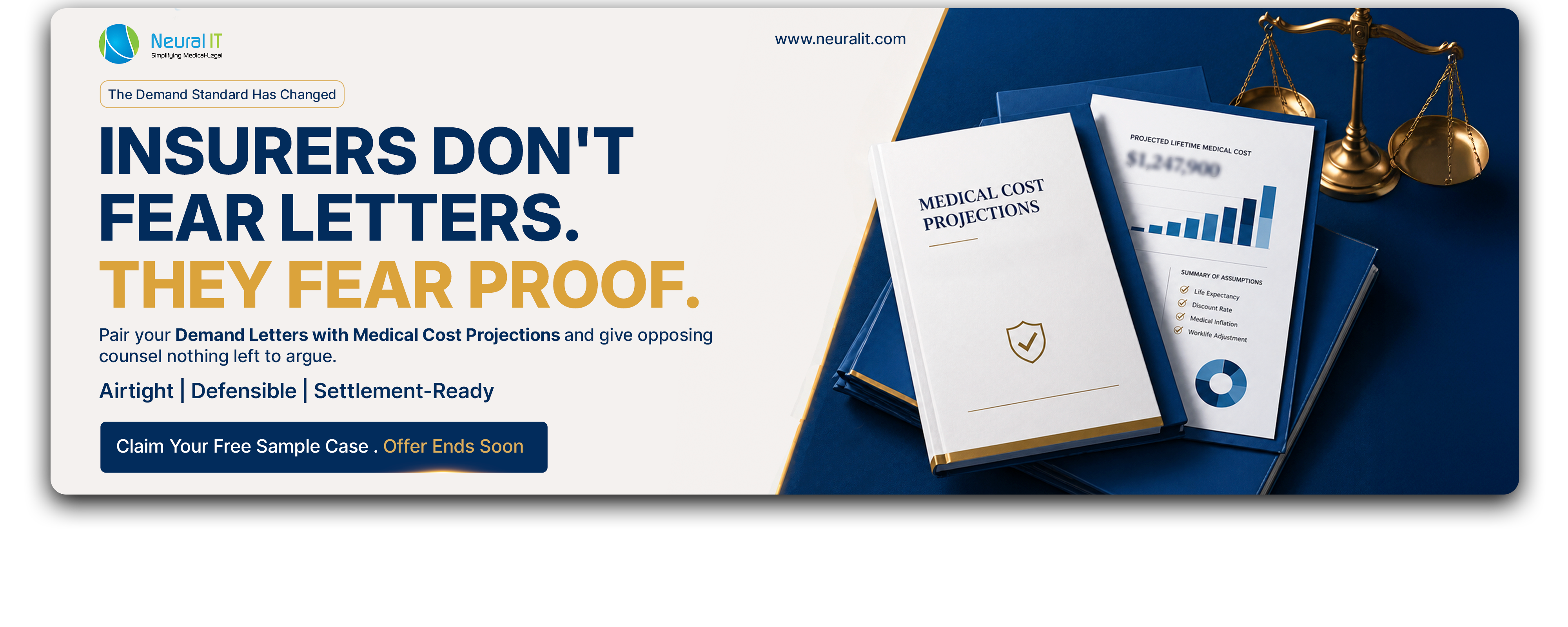 Legal banner with medical cost reports and “proof over letters” message, promoting a free sample case offer.